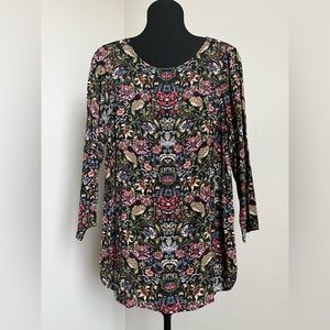J. Jill Tunic Top Size Large Women's Black Floral Rayon Fall Long Sleeve